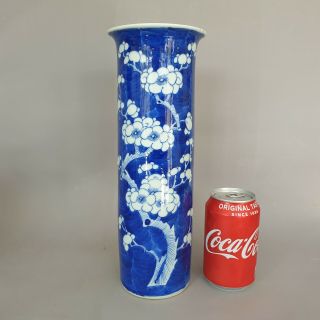 Large Antique Chinese 19th C Kangxi Style Blue & White Prunus Sleeve Vase