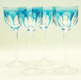 Set 4 Antique/vintage Cut Czech Crystal Aquamarine Blue Moser Hock Wine Glasses