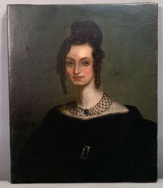 Ca.  1840 Antique 19thc Old Antebellum Era Lady In Black Jewels Portrait Painting