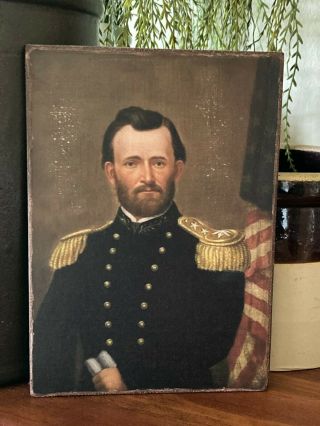 Primitive General Ulysses S.  Grant Flag Patriotic Print On Canvas Board 8x10 "
