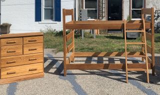 Vintage A Brandt Ranch Oak Twin Beds Bedroom Set Ladder Bunkbeds Dresser