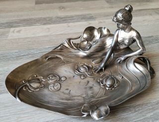 Antique Art Nouveau Wmf Pewter Visiting Tray With Maiden Figure 1906