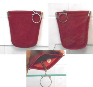 Vintage Red Leather Squeeze Coin Money Purse W/ Keyring Hong Kong