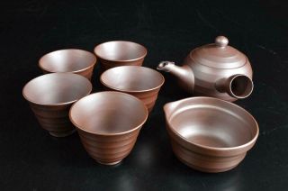 U5211: Japanese Banko - ware Brown pottery Sencha TEAPOT YUSAMASHI CUPS w/box 2