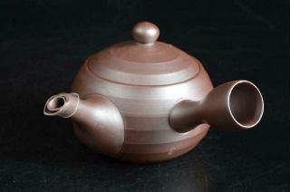 U5211: Japanese Banko - ware Brown pottery Sencha TEAPOT YUSAMASHI CUPS w/box 3