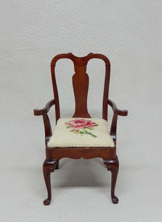 Vintage Queen Anne Chair Needlepoint Rose Seat Artisan Dollhouse Miniature 1:12