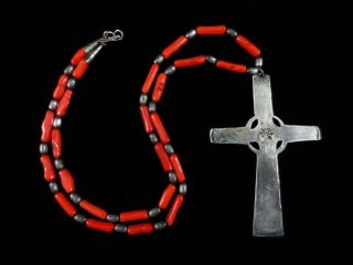 Antique Pueblo Cross Necklace - Silver And Coral