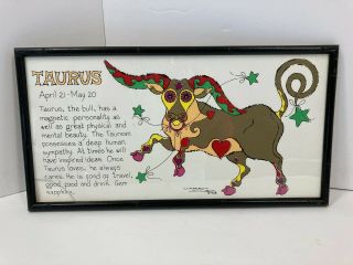 Vtg 1968 Margot Johnson Taurus Zodiac Horoscope Pop Art Framed Print Astrology