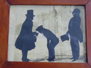 Large Antique Group Silhouette W Painted Background In Style Of Augustin Edouart
