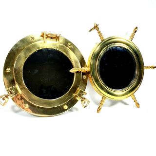 Brass Porthole Captains Wheel Mirrors Nautical Sea Maritime Wall Décor Set