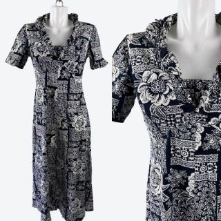 Vtg 70s Barkcloth Hawaiian Black White Floral Short Sleeve Maxi Dress Medium