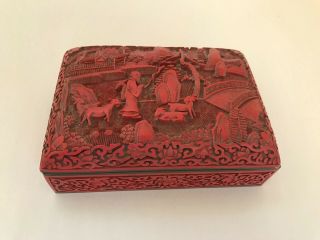 Antique Chinese Cinnabar Carved Hinged Box Enamel Interior Goats Scholars 6x4x2 "