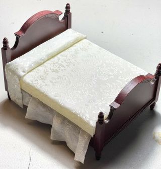 Vintage Stained Wood Four Poster Bed Dollhouse Miniature Padded Bedcover