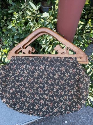 Lined Antique Sewing Bag With Scotty Dog Wood Handles