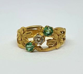 Antique 18k Gold Art Nouveau Ring With Diamond And Emeralds