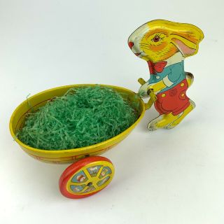 J.  Chein Vintage Tin Toy Easter Rabbit With Cart Wheelbarrow Made In Usa Antique