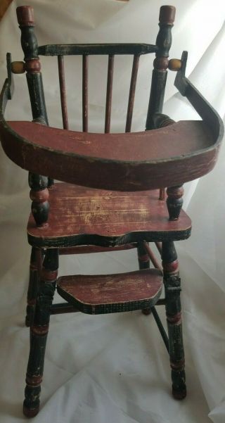 Vintage Antique Hand Crafted Red & Green Folk Art Convertible Doll High Chair