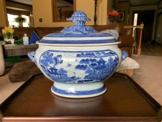 Large Antique 19th Century Chinese Export Blue And White Tureen With Lid