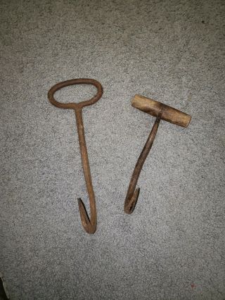 2 - Vintage Antique Hay Bale Hook Meat Ice Grapple Hooks - Cast Iron Wood Rustic