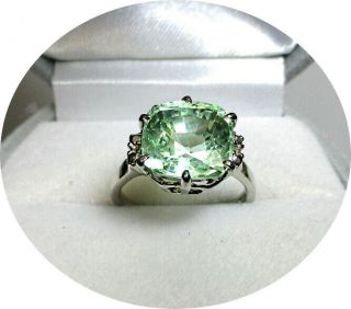 Natural Green Sapphire Ring - 7.  50ct - Vintage 14k White Gold Prong Mtg.