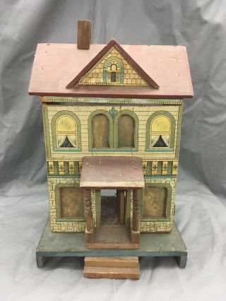 Antique R.  Bliss Wooden Dollhouse Lithograph Wood Doll House 2 Story {dd343}