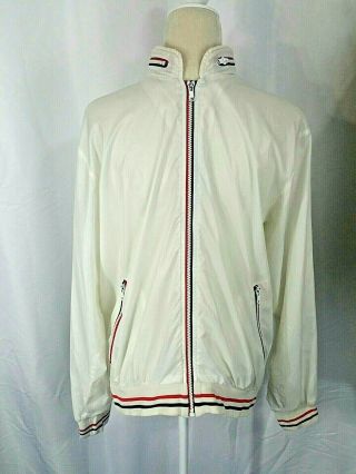 Vintage 80s Mens Sz S Hooded Nylon Windbreaker Jacket By Sherry White Red Blue