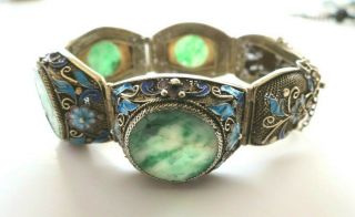Antique Chinese Export Jade & Enamel Sterling Silver Link Bracelet