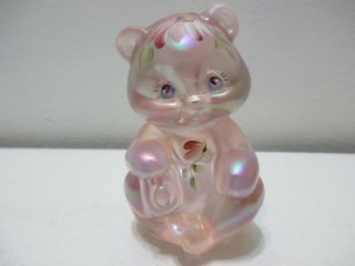 Vintage Fenton Glass Sitting Bear Figurine Pink Iridescent Hand Painted Signed