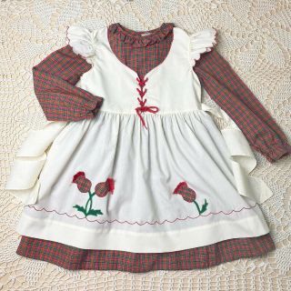 Vintage 1970s Red Plaid Dress Floral Applique Pinafore Set Girls 6 Long Sleeves