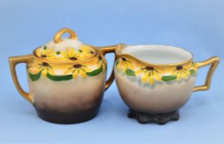 Antique Germany Sugar Bowl Creamer Set Hand Painted Yellow Sunflowers