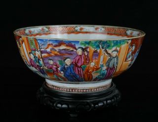 Large Antique Chinese Famille Rose Porcelain Punch Bowl & Wooden Stand 18th C