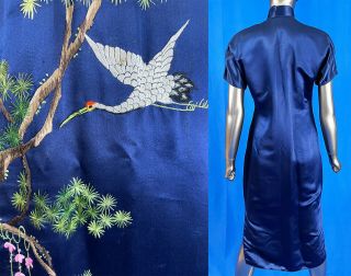 Vintage Chinese Qipao Cheongsam Blue Silk Embroidered Crane Birds Banner Dress 3