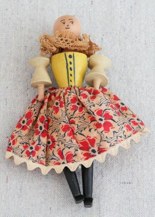 Small Antique Vintage Czechoslovakian Wooden Peg Doll Minka Podhajska Style? 5½ "