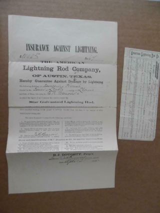 1885 American Lightning Rod Co Austin Texas Contract Insurance Ephemera Antique