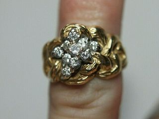 Vintage Solid 18k Yellow Gold Diamond Cluster Ring Woven Vine Design Sz 7