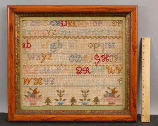1869 Antique 19thc American Primitive Folk Art Sewing Alphabet Sampler,  Nr