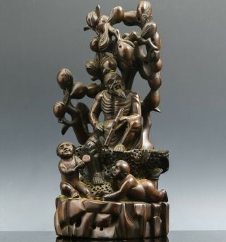 Fine Vintage Chinese Carved Hard Wood God Deity Immortal Lohan W Boys Figure 4