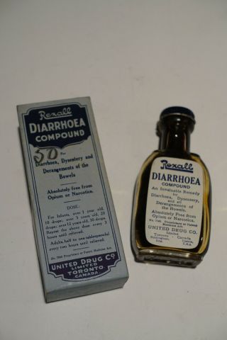 Antique Nos Apothecary Pharmacy Rexall Diarrhoea Compound Bottle & Box