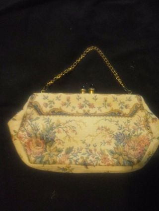 Vintage Needlepoint Floral Tapestry Bag Handbag Purse Clutch Floral Chain