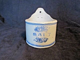 Antique Blue And White Stoneware Pottery Hanging Salt Box No Lid