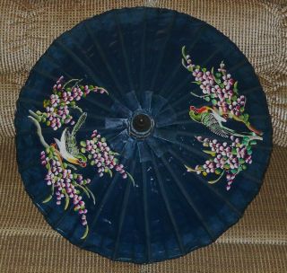 Asian Thailand Hand Painted Trogon Birds Cherry Blossoms Umbrella Parasol Bamboo