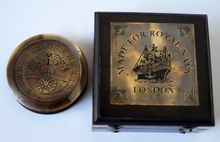 Antique Brass Compass Stanley London Poem W/ Wooden Box Maritime Navigation Gift