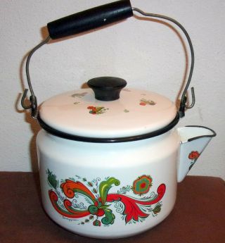 Vintage Berggren Tea Pot Enamel Swedish Design Wood Handled Rare Design Has Lid