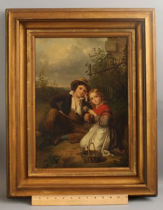 19thc Antique Signed Genre Portrait Oil Painting,  Young Boy & Girl W/ Flowers Nr
