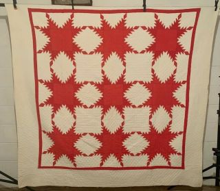 Antique Cotton Fabrics Late 1800s Turkey Red & White Feathered Star Quilt