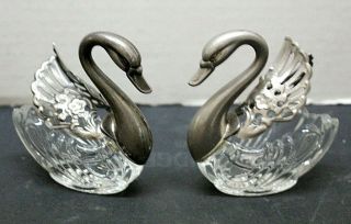 2 Cut Glass Silver Plated Swan Salt Cellars Made In Italy Old