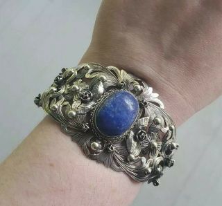 Ornate Peruzzi 800 Silver Lapis Lazuli Vintage Cuff Bracelet Antique Foliate