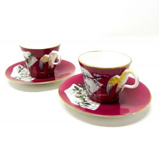 [pair] Antique 1875 Ejd Bodley Burslem Cups & Saucers Stork Handles - Aesthetic
