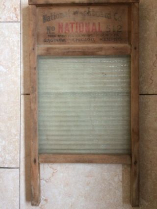Vintage Antique National Washboard Co No 512 Ribbed Glass & Wood Washboard