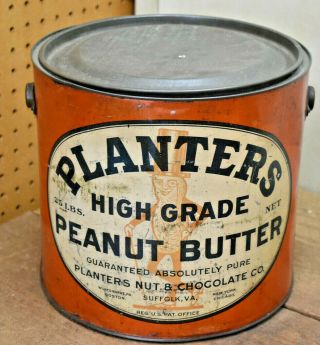 L1101 - Rare Antique 25 Lb Planters Peanut Butter Can Mr.  Peanut Graphic Early